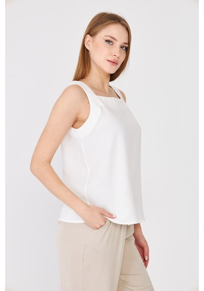 Sortie Collection Geniş Askılı Kare Yaka Ekru Keten Bluz Sortie Collection Geniş Askılı Kare Yaka Ekru Keten Bluz