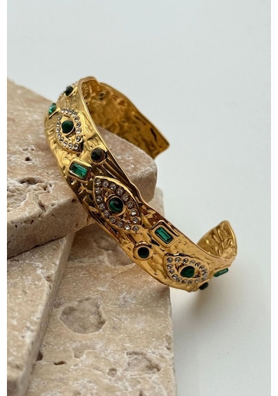 Gold Vintage Yeşil Taşlı Göz Çelik Kelepçe Bileklik Gold