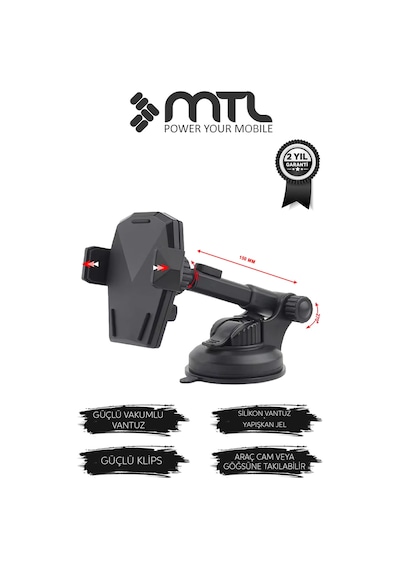 Otomatik Kilitli Teleskopik Kol Araç İçi Telefon Tutucu Dayanıklı Ve Güçlü Vantuz 360 Döner Mt6042 Siyah