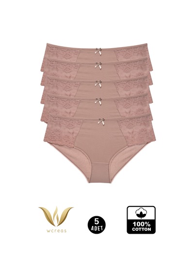Wcreas Yanları Dantelli Pamuklu Kadın Bato Külot, 5'li Paket Pamuklu Yumuşak Kumaş Dantelli Külot Vizon