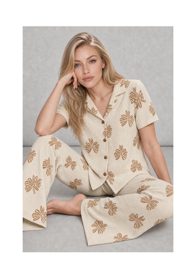Fit Women Kadın Kısa Kol Desenli Ekru Pijama Takımı 4739