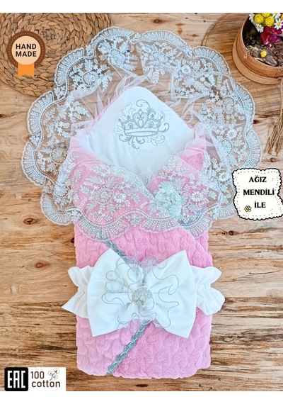 Kışlık Bebek Dış Kundak Battaniyesi Dantelli Pembe Bebek Kundağı Unisex Hastane Çıkışı Mevlütlük Pembe