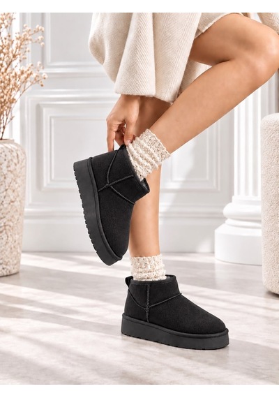 Dabab Shoes Kardelen Kadın Siyah Lüks Süet İçi Kürklü Sıcak Astarlı 5 Cm Kalın Tabanlı Kısa Bot Kar Botu