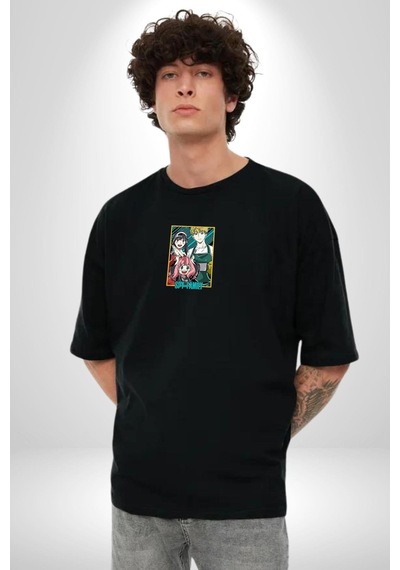 Spy X Family Anime Özel Tasarım Siyah Oversize Unisex Ön Orta Minimal Baskılı Tişört Siyah