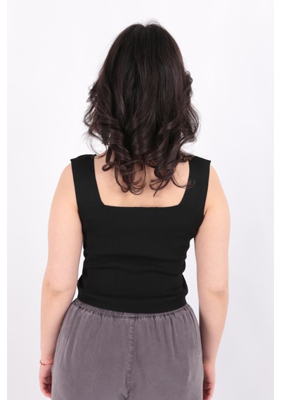 Fashion Friends 24y0327k1 Kadın Kare Yaka Fitilli Crop Örme Bluz Siyah