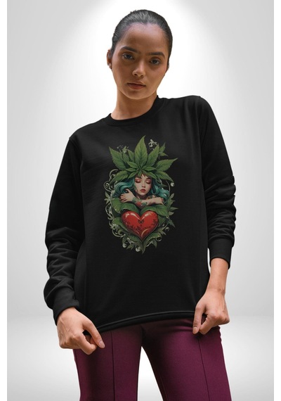 Kalp Parmak Kız Yeşillik Mutluluk Unisex Siyah Baskılı Sweatshirt Siyah