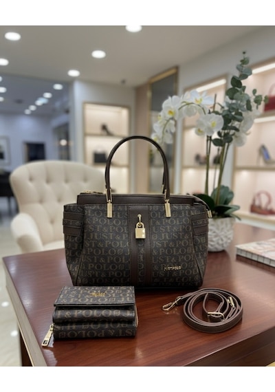 Just Polo Kadın Lüks El & Omuz Çantası Gold Detaylı Özel Tasarım Çanta Ve Uyumlu Cüzdan 22x28 Cm Kahverengi