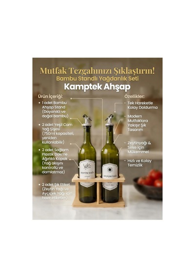 Bambu Standlı Mutfak Yağdanlık Seti - Zeytinyağı & Ayçiçek Yağı Cam Şişeli Mutfak Seti