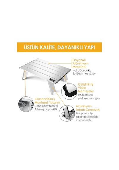 Haegs Portatif Küçük Masa Alüminyum Hafif - Plaj, Piknik, Kamp, Balıkçı, Outdoor Küçük Sehpa Masa - Gümüş