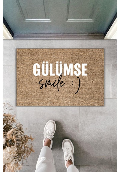 Rugmood Modern Dijital Baskı - Gülümse, Smile : - Kapı Önü Paspası Kahverengi