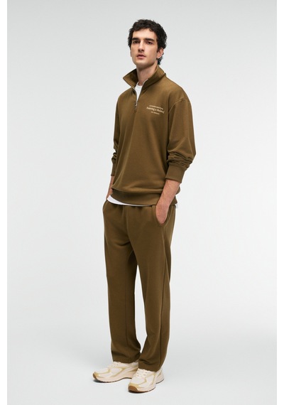 Grımelange BRAM Erkek %100 Pamuk Dik Yakalı Yarım Fermuarlı Baskılı Haki Sweatshirt