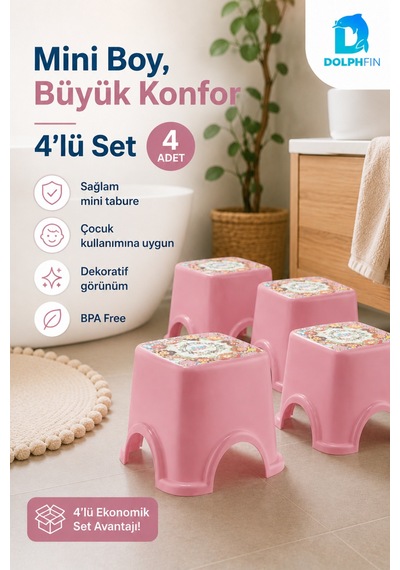 Iml Desenli Pembe Mini Çocuk Taburesi 4 Lü Set Bpa Free