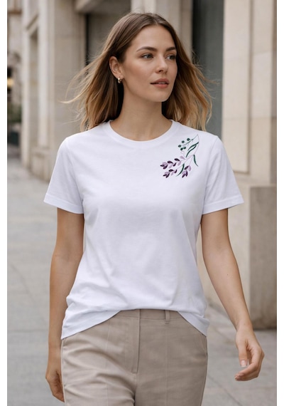 Yubistitch Tshirt Nakış İşlemeli Lavanta-1- Penye-beyaz