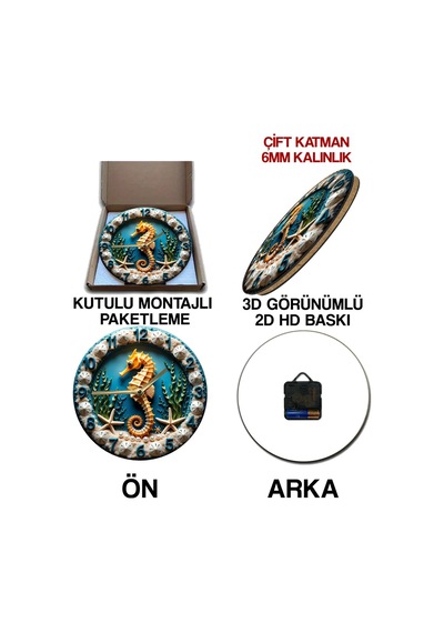 Denizatı Temalı 3d Görünümlü Mdf Duvar Saati Çift Katmanlı 33 Cm Sdw341 Renkli