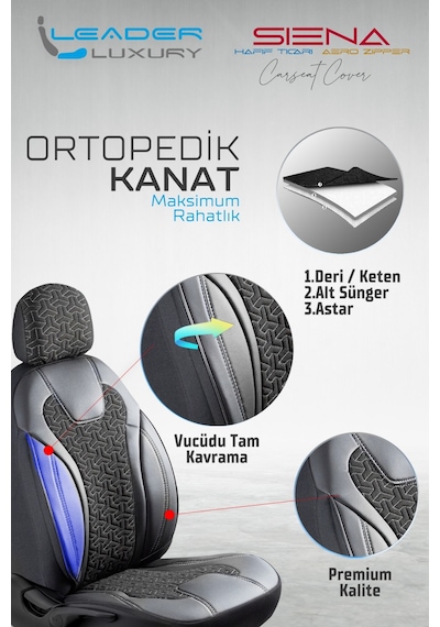 Ford Connect 2+1 Deri Detaylı Oto Koltuk Kılıfı Ön Arka Set Siyah Beyaz Siena Model Fs