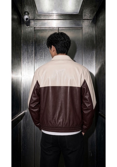 Oksit Club Ltd Nakış Detaylı Vintage Colorblock Gömlek Yaka Deri Bomber Ceket Bordo