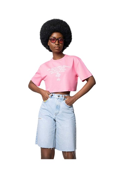 Long Crop Kadın Tshirt K.kol Pembe