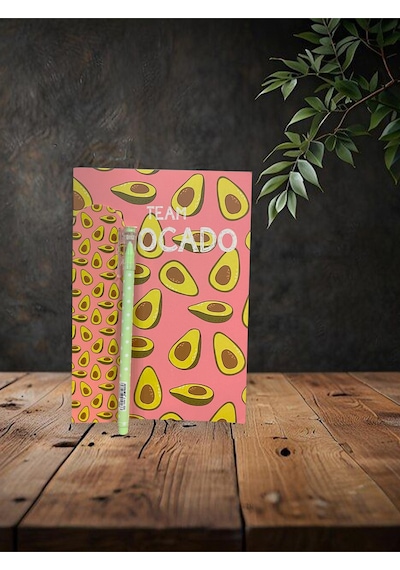 Avokado Temalı Sert Kapaklı Defter, Kitap Ayracı, Yeşil Puantiyeli Tükenmez Kalem