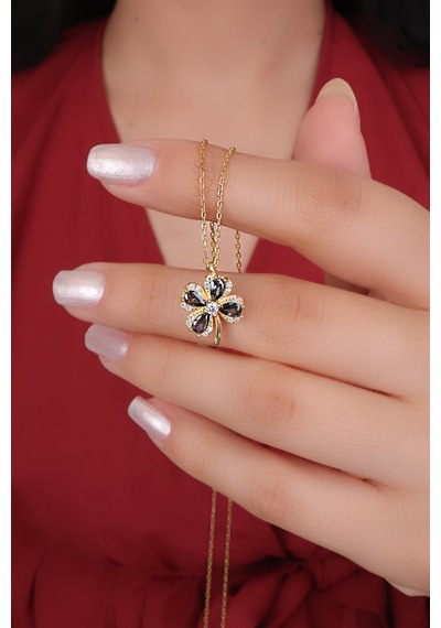 Encili Silver 925 Ayar Gümüş Mistik Topaz Taşlı Yonca Model Gold Renk Kadın Kolye Gold