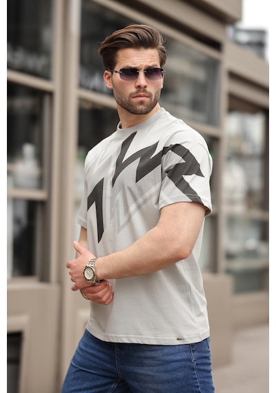 Madmext Boyalı Gri Baskılı %100 Pamuk Erkek T-shirt E7111 Boyalı Gri