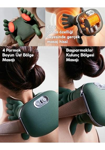 Gerçek El Hissi İle Yoğurma Yapan Isıtmalı Şarjlı Masaj Aleti Boyun Sırt Bel Bacak Kol Masajı Koyu Yeşil