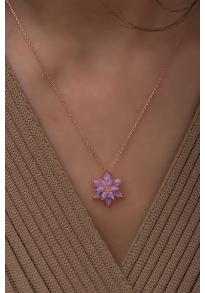 Pembe Opal Taşlı 925 Ayar Gümüş Lotus Kolye