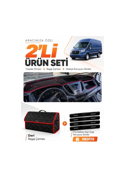 E-biz Ford Transit 2015-2022 Uyumlu Torpido Örtüsü + Deri Bagaj Çantası - Siyah-kırmızı - Fo030
