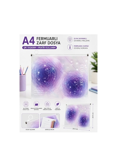 Fermuarlı Dosya Renkli A4 1 Adet Fixpoint 3073 Plastik Desenli Fermuarlı Zarf Dosya Ödev Evrak Belge Saklama Mor