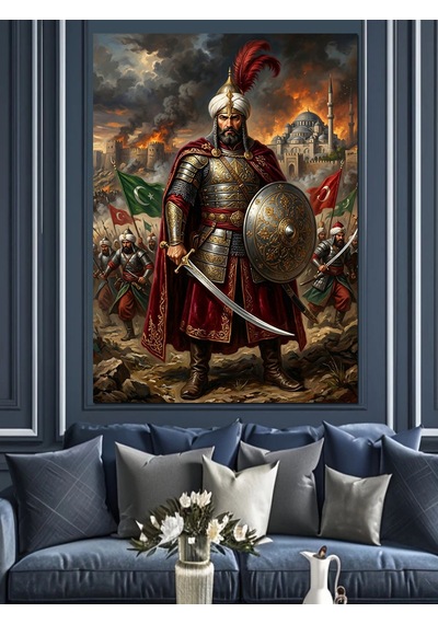 Fatih Sultan Mehmet Ve Sancaklı Ve Zırhlı Savaşçı Dekoratif Kanvas - Mdf Ahşap Tablo Çok Renkli