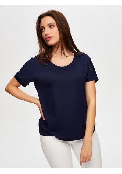 Yuvarlak Yaka Düşük Kollu T-shirt B00003-1 B00003-120 Lacivert