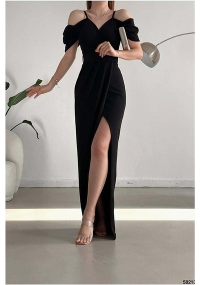 Lior Design Kadın Trend Krep Kumaş V Yaka Yırtmaçlı Abiye Elbise Siyah