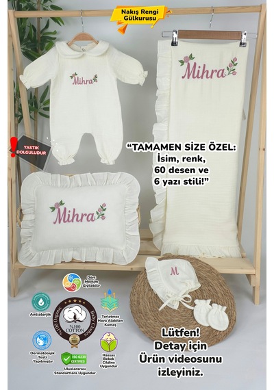 Gros Shop Müslin Yeni Doğan 4katlı Organik %100pamuk Kişiye Özgü Nakışlı Hastane Çıkış Seti Güllü Mode-3 Ekru
