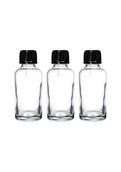 30 Ml Şeffaf / Şeffaf Yuvarlak Boş Cam Şişe + Euro Damlalık + Siyah Kapak, Doldurulabilir, Uçucu Yağlar İçin Sızdırmaz, Kendin Yap Parfümleri 3'lü Paket