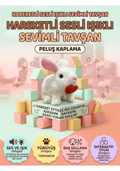 Kalp Detaylı Sevimli Arkadaşım Tavşan: Sesli Yürüyen Hareketli Eğitici Oyuncak Peluş Çok Renkli