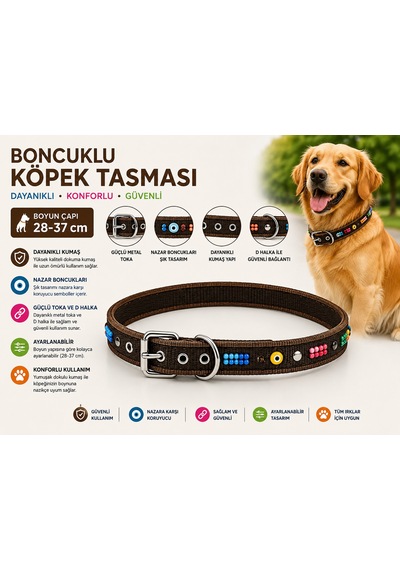 Nazar Boncuklu Köpek Boyun Tasması 28-37 Cm Ayarlanabilir Metal Tokalı D Halkalı - Yeşil Çok Renkli