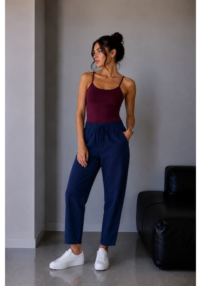 Vadon 1019 Kadın %100 Pamuk Gabardin Lastikli Bel Havuç Kesim Pantolon Lacivert