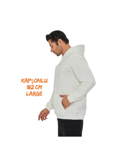 Pxm Erkek Beyaz 3 İplik Şardonlu Oversize Hoodie Kapüşonlu Sweatshirt Kırık Beyaz Kırık Beyaz