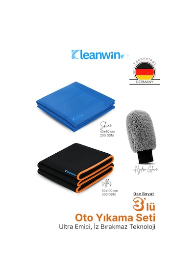 3 Lü Premium Araç Temizlik Seti Atlas Kurulama Bezi, Shine Cam Bezi, Hydroglove Eldiven
