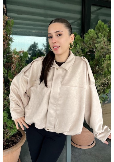 Prifaldi Premium Oversize Bej Süet Bomber Ceket