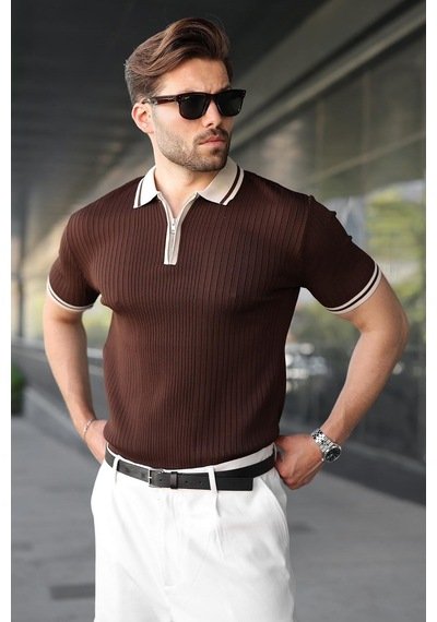 Madmext Kahverengi Yarım Fermuarlı Polo Yaka Triko Erkek Tişört E7501