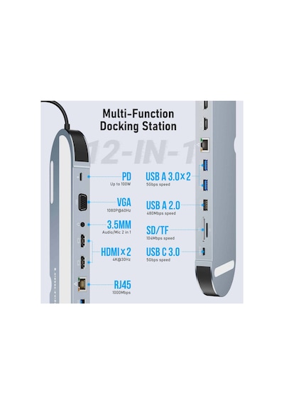 Lemorele Tc28, 12 İn 1 Type-c Hub Dock Ve Laptop Standı - 3 Ekran Destekli, 2x 4k Hdmı 1x Vga Rj45 Ethernet
