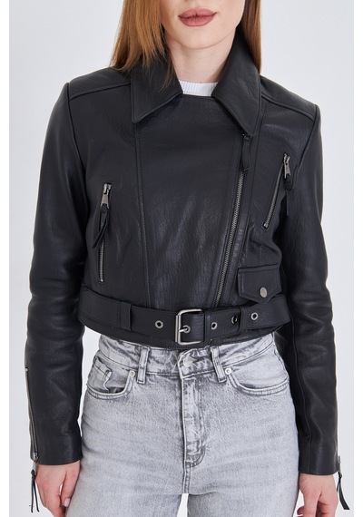M M Marki Marki Kadın Siyah Hakiki Deri Crop Ceket Biker Stil, Kruvaze Yaka, Kemerli, 52 Cm - 117622
