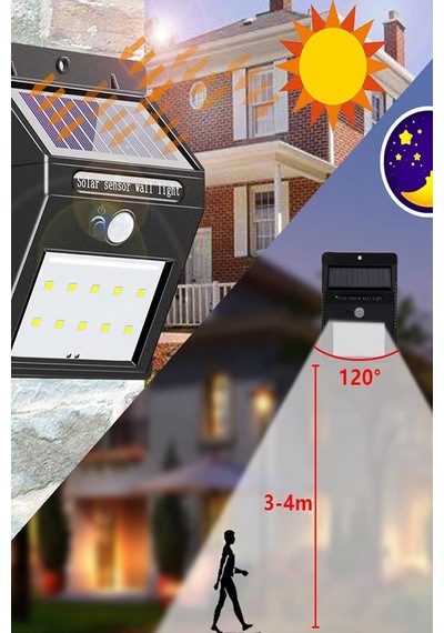 Chermik Pır Hareket Sensörlü 20 Led Solar Güneş Enerjili Su Geçirmez Duvar Lambası Siyah