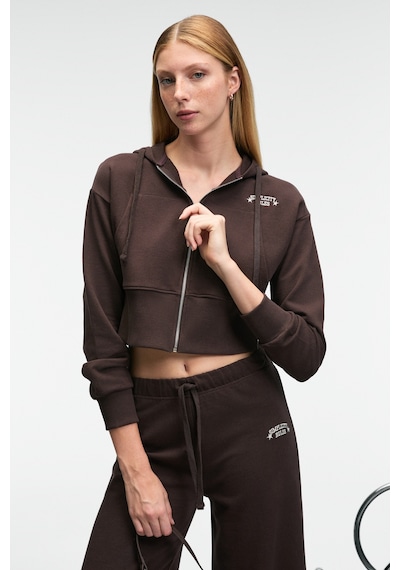 Grımelange Elara Kadın Metal Fermuarlı Nakışlı Kapüşonlu Crop Koyu Kahverengi Sweatshirt Koyu Kahverengi