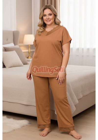 Lady Kahverengi Renk B-630 Pamuklu Ve Dantel Detaylı, Büyük Beden Anne Pijama Takımı