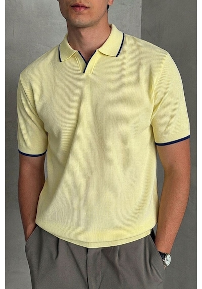 Erkek Oversize Selanik Polo Yaka Triko T-shirt Sarı