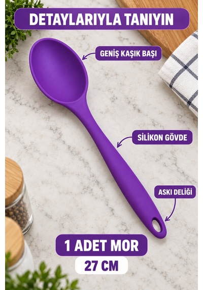 Tekli Mor Büyük Boy Silikon Kaşık 27 Cm Mutfak Yemek Pişirme Ve Servis Kaşığı Evde Yemek Sunumu İçin