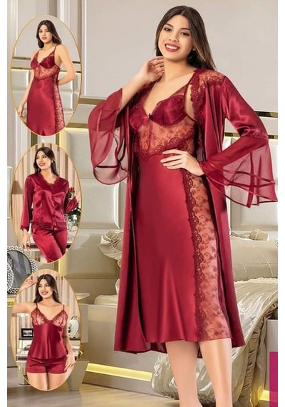 Xses 1005 Kadın Bordo Dantelli Saten 6 Lı Takım Bordo