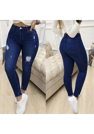 Valensdesign Kadın Yüksek Bel Yırtık Desenli Skınny Kot Pantolon Lacivert
