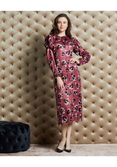 Serpil Exclusive Emprime Desenli Saten Dokulu Midi Elbise Şık Ve Modern Stil Bordo